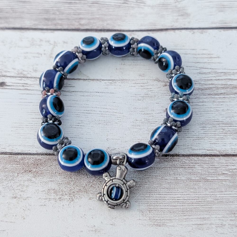 Chunky Blue Stretch Bracelet with Turtle Charm